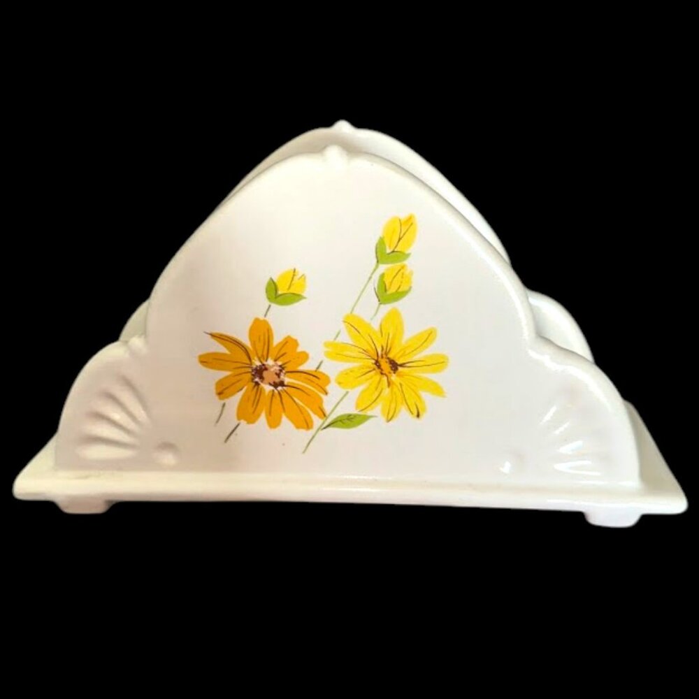 Vintage USA Pottery White w/ Yellow/Orange Daisy Flowers Napkin Holder